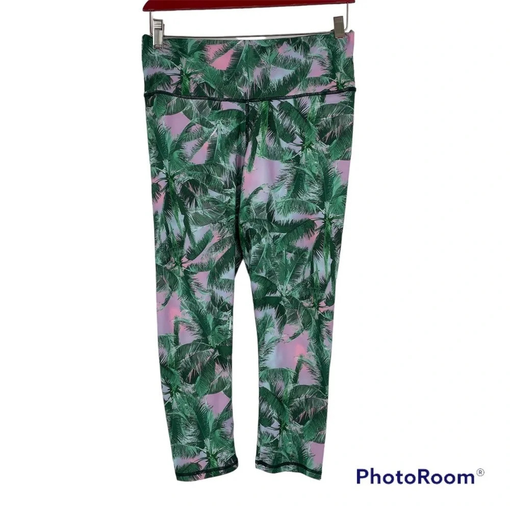 PilyQ cropped leggings pink and green floral leafy print M